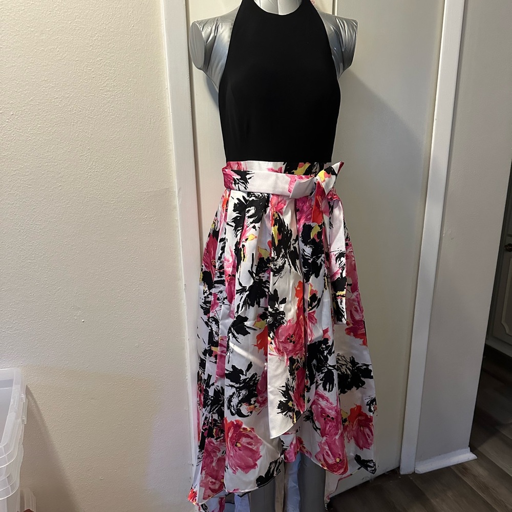 Floral halter hi-low cocktail dress